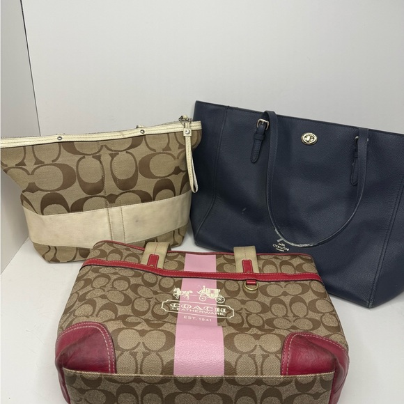 Coach Handbags - Coach Signature Bag Bundle (3 Pieces) | Rehab / Project Lot | Navy, Tan & Pink